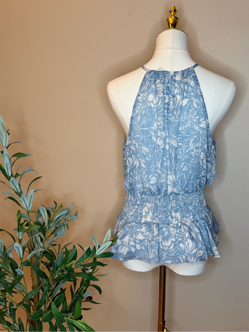 423. Blue & White Floral Halter Peplum Top - Picture 3 of 3